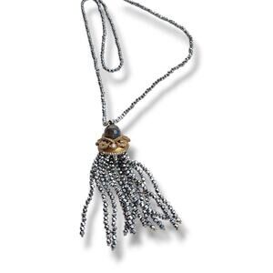 Bohemian neckline long tassel beaded Labradorite crystal gray silver coastal